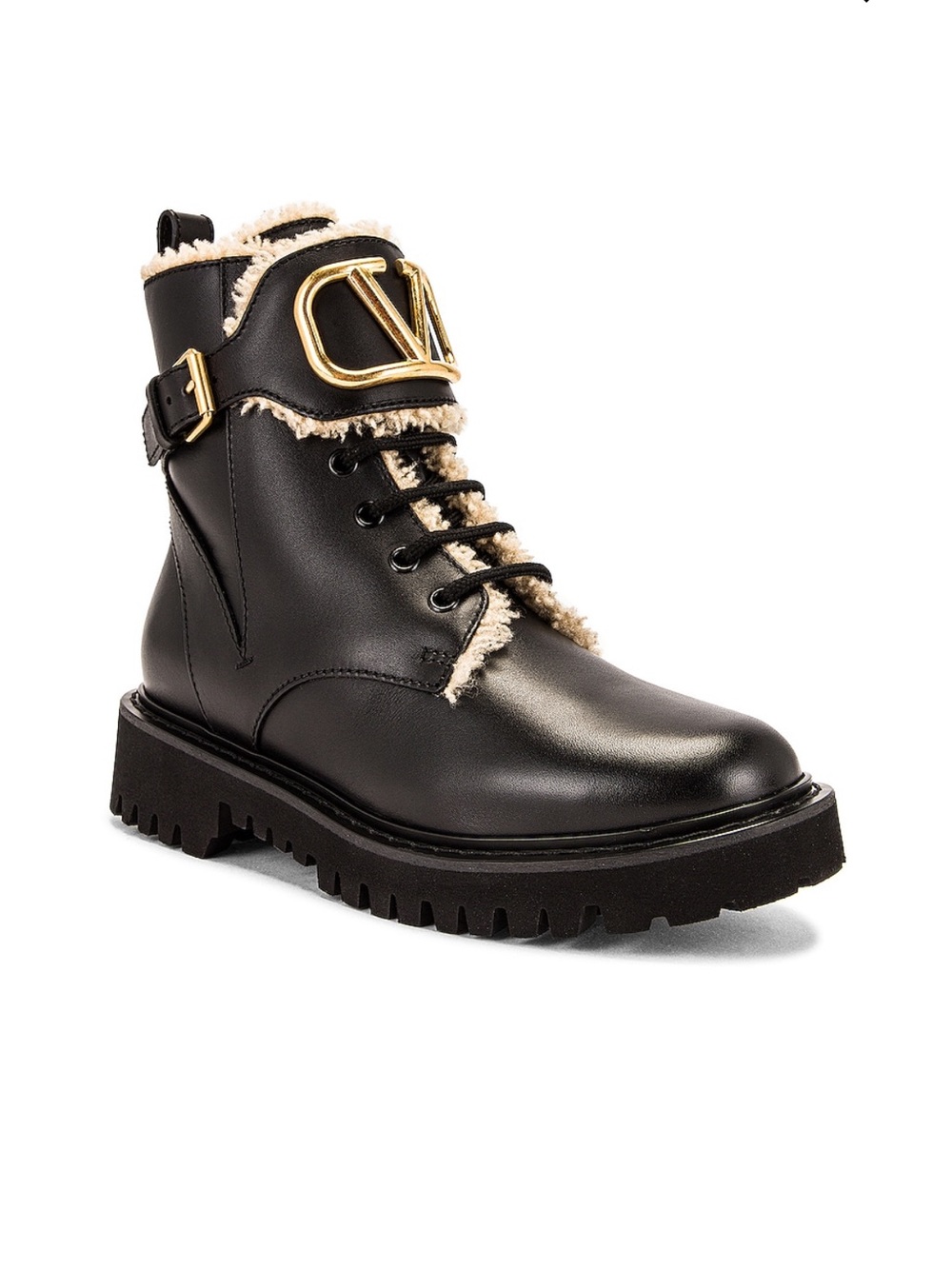 Valentino Leather & Shearling Vlogo Combat Boots
